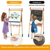 Double-sided wooden art easel with whiteboard and chalkboard, adjustable height for kids, includes magnetic stickers.