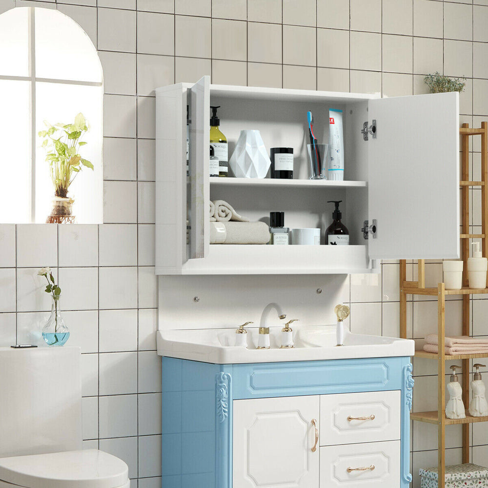 Wall-mounted 2-door mirrored medicine cabinet in white and blue, perfect for organizing bathroom essentials.