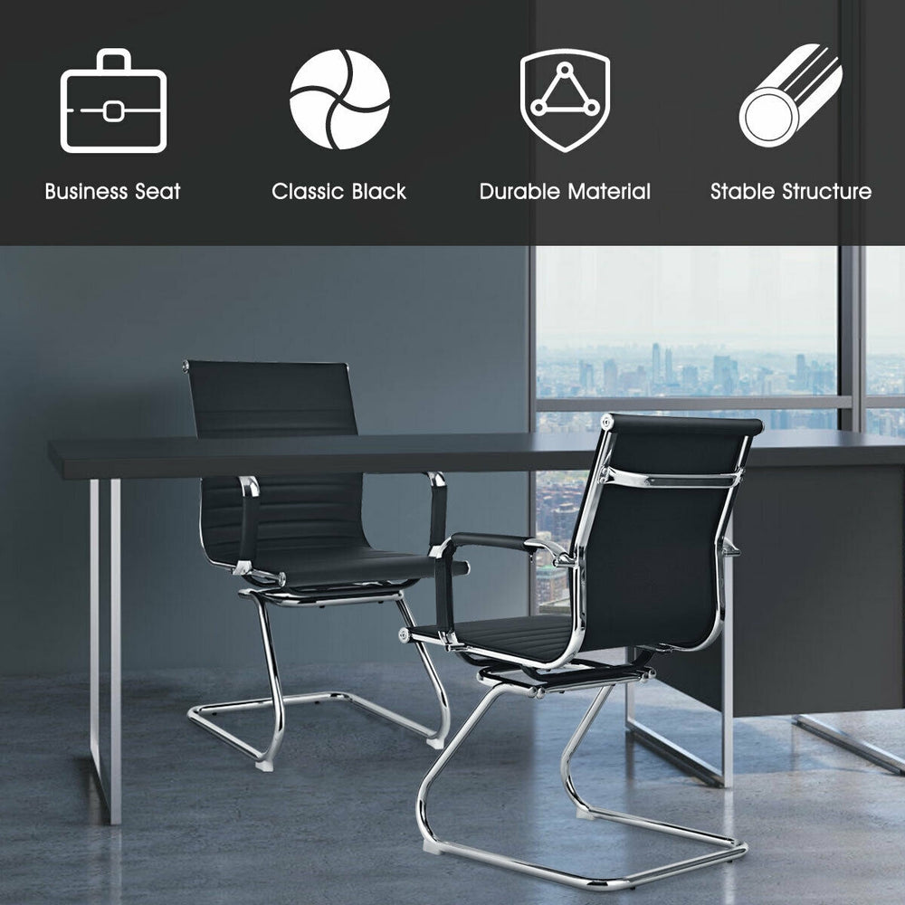 Set of 2 heavy-duty conference chairs in classic black PU leather with ergonomic backrest for office comfort.