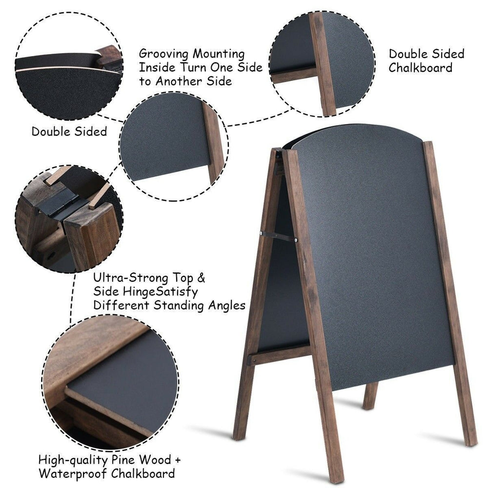 Double-sided 31.5-inch wood A-frame chalkboard sign for sidewalk advertising, featuring durable MDF construction and.