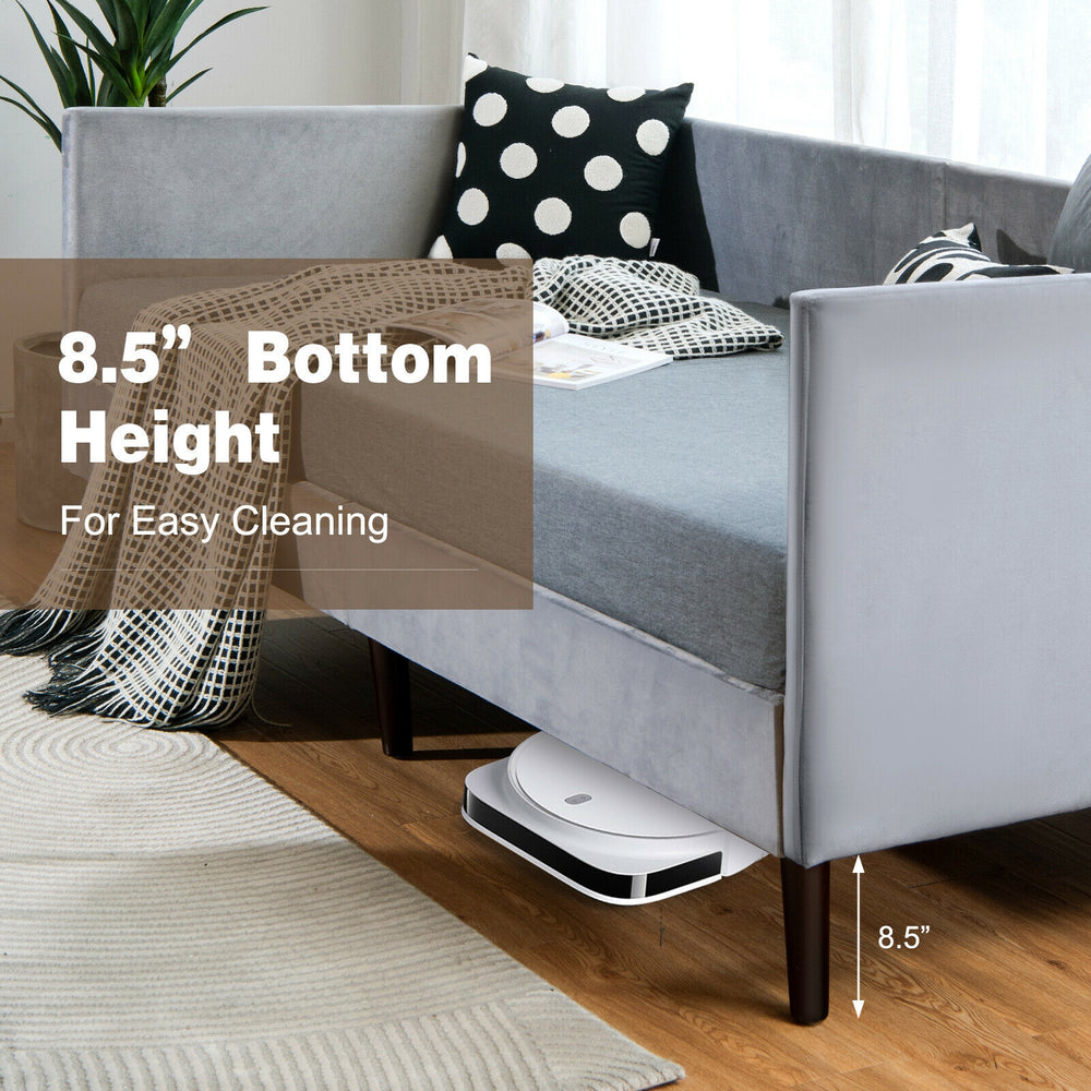 Twin size daybed frame in gray with 8.5" bottom height for easy cleaning and sturdy wooden slat support.