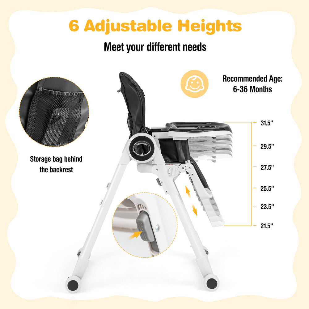Adjustable baby high chair in black with 6 heights, removable trays, and lockable wheels for easy feeding and storage.
