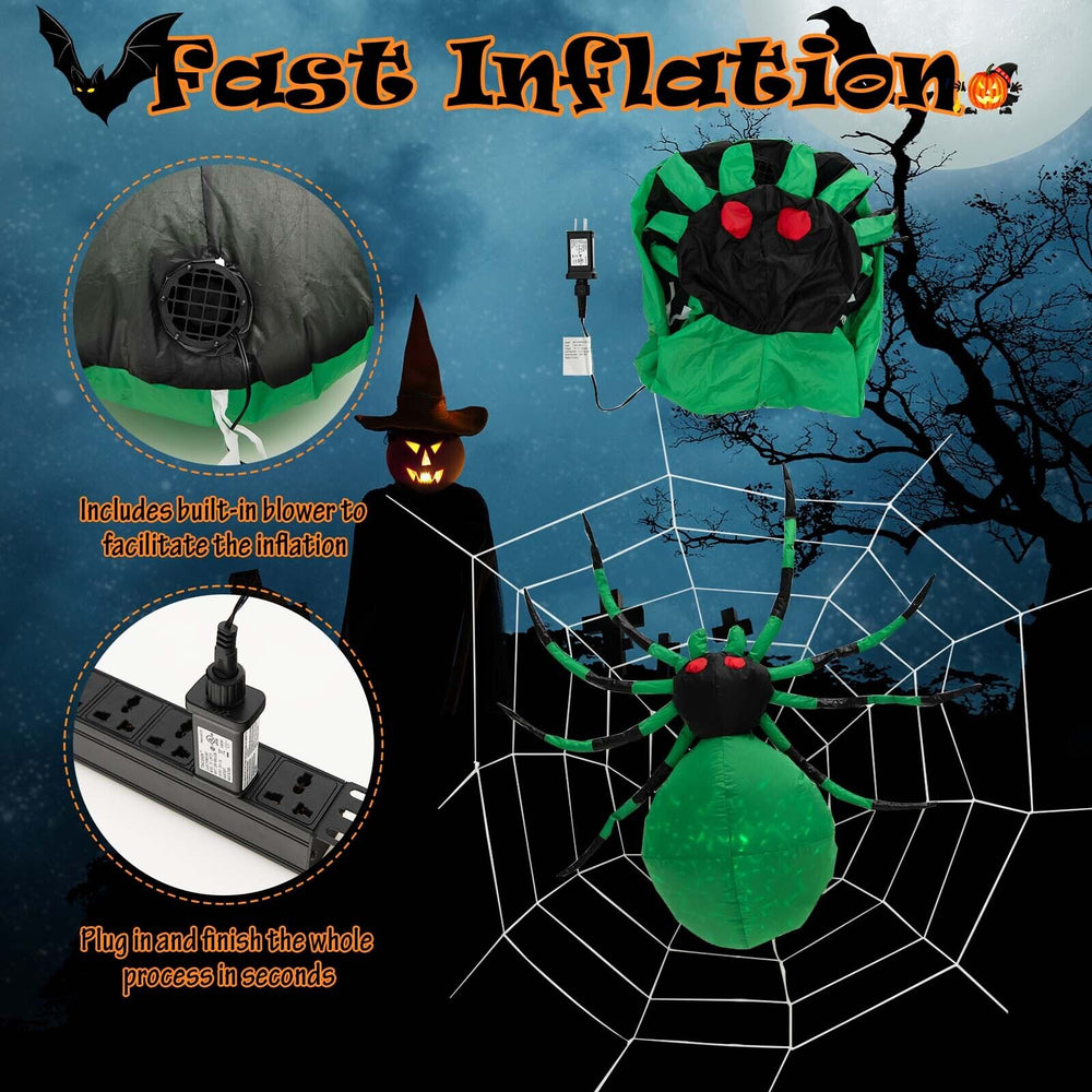 5-foot Halloween inflatable spider with glowing green body, red eyes, and spider web for yard decoration.