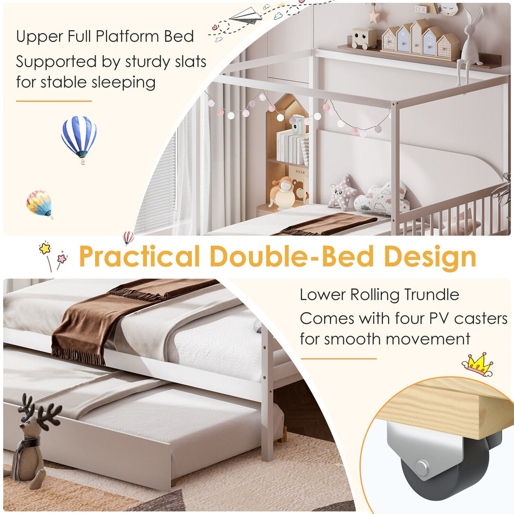 Full size canopy bed with rolling trundle, solid wood frame, decorated with flags and lights, perfect for kids'.