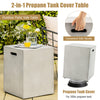 Gray propane tank cover hideaway table with side handles, perfect for outdoor patios and backyard use.