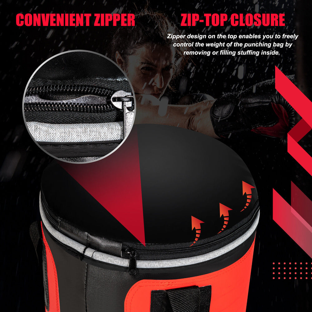 Close-up of the filled punching bag's zip-top closure, featuring durable PVC leather for long-lasting use and weight.
