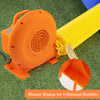 380W air blower with orange casing, featuring ground stakes for stability and a 25ft power cable for inflatables.