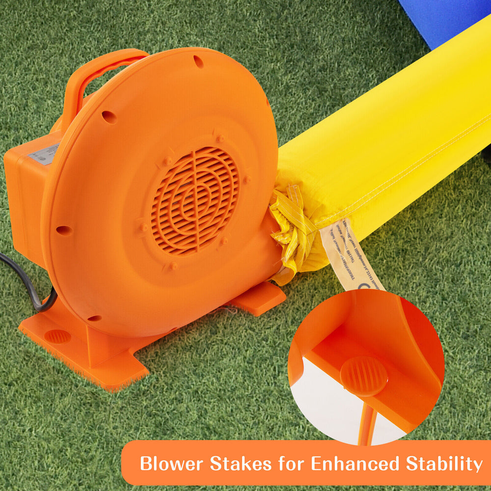 380W air blower with orange casing, featuring ground stakes for stability and a 25ft power cable for inflatables.