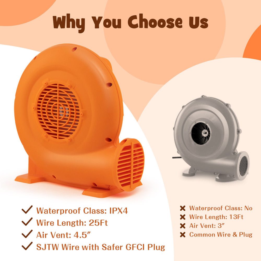 550W air blower in orange with 25ft GFCI wire, designed for inflatables, featuring a wide air vent for strong airflow.