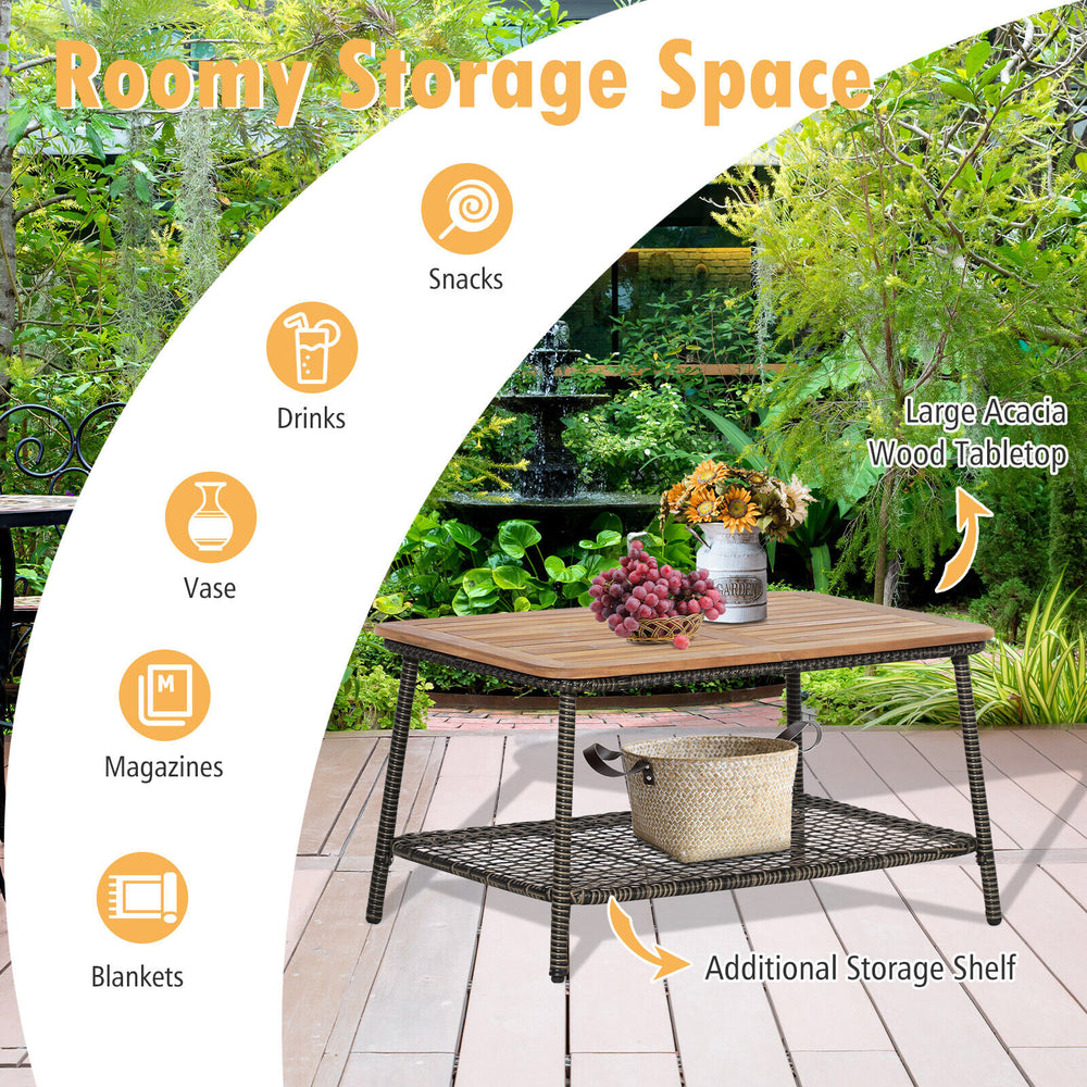 Rectangular coffee table with large acacia wood tabletop and extra shelf, perfect for outdoor snacks and drinks.