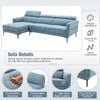 L-shaped blue sofa couch with adjustable headrests, overstuffed backrest, and sturdy metal legs for living room comfort.