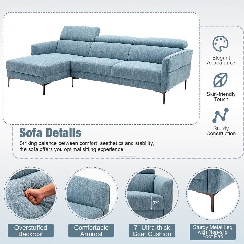 L-shaped blue sofa couch with adjustable headrests, overstuffed backrest, and sturdy metal legs for living room comfort.