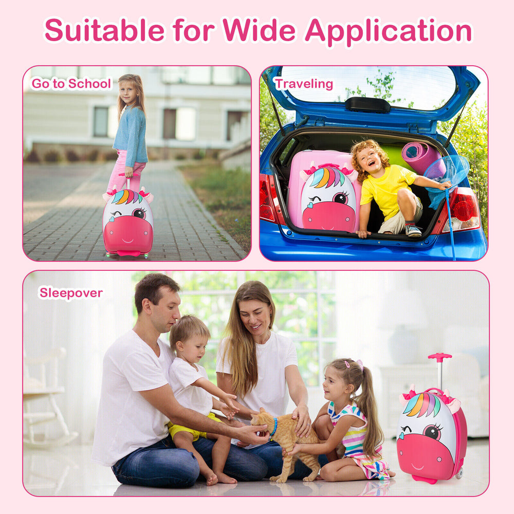 16-inch pink kids rolling luggage with flashing wheels, designed for travel, school, and sleepovers, featuring cute.