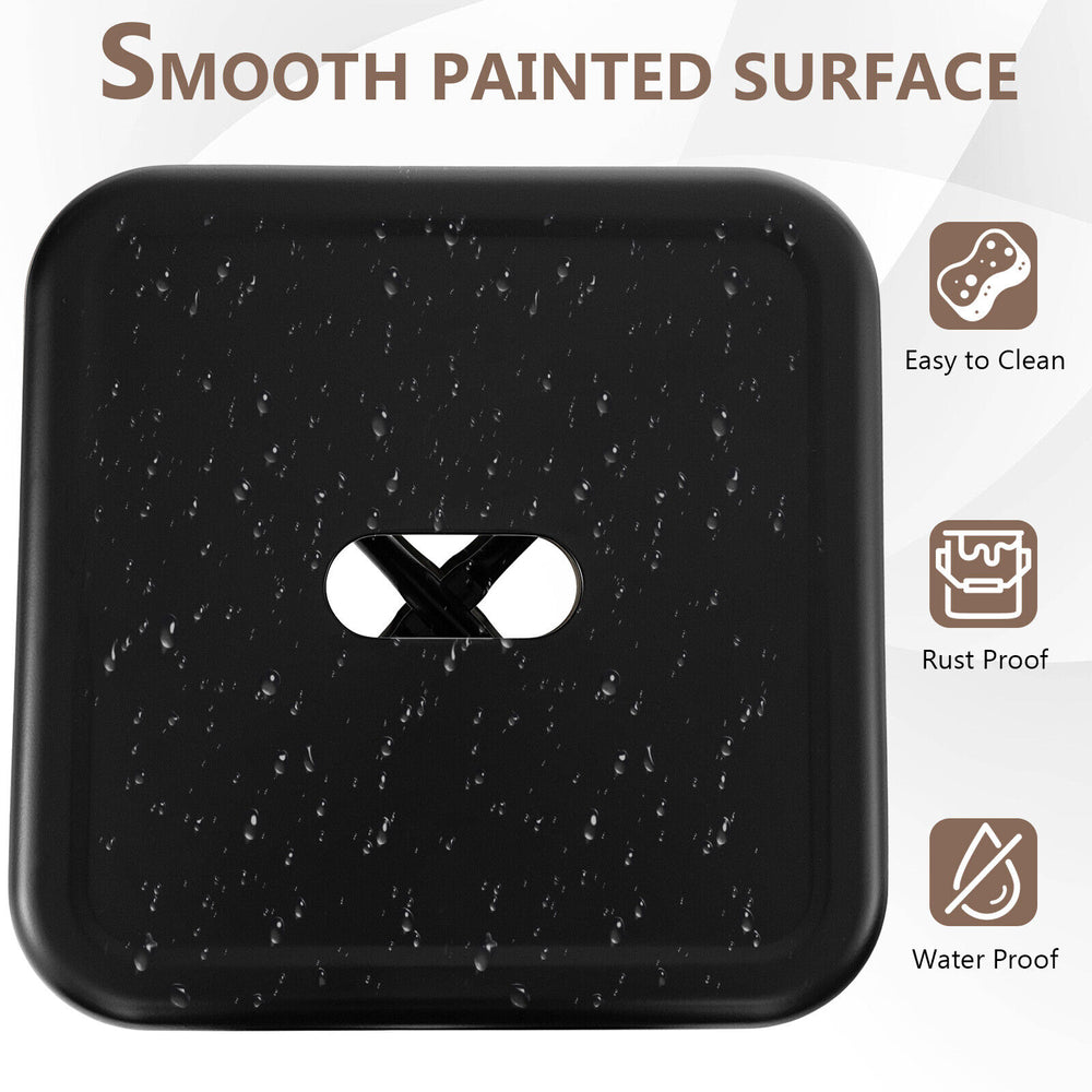 Square black seat of a 30-inch bar stool with handling hole, featuring a smooth surface and X-shaped design for.