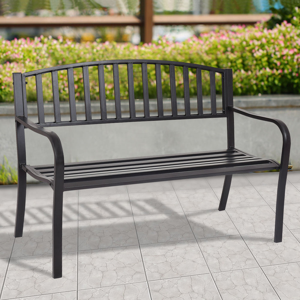 50-inch patio garden bench with solid steel frame and ergonomic design, ideal for outdoor relaxation in any setting.