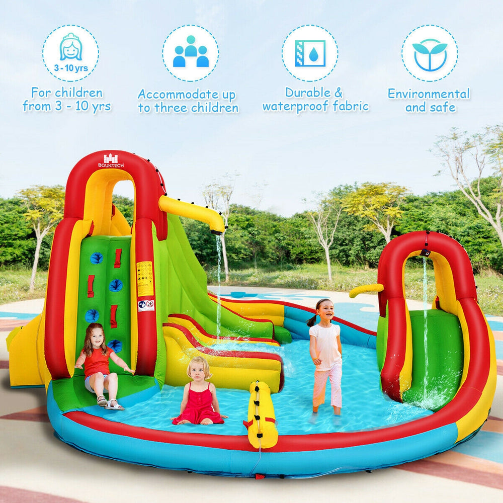 Kid's inflatable water slide bounce house with climbing wall and splash pool, suitable for 3 children aged 3-10 years.