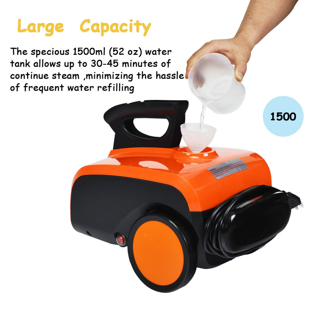 Heavy duty steam cleaner with 1500ml water tank, designed for efficient cleaning with 18 accessories for versatile use.