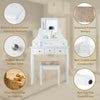 White 5-drawer makeup vanity set with a removable top, padded stool, and rotating mirror for a stylish makeup.