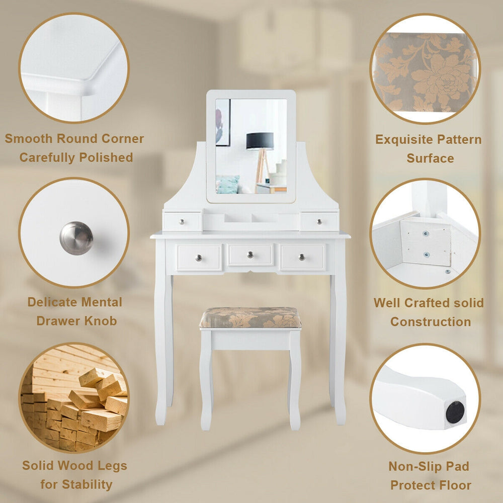 White 5-drawer makeup vanity set with a removable top, padded stool, and rotating mirror for a stylish makeup.