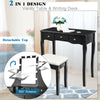 Black vanity dressing table with 360° rotating mirror, cushioned stool, and ample storage for cosmetics. Perfect for.