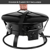 Portable propane fire pit with black powder-coated iron, featuring a carry kit for easy transport and outdoor use.