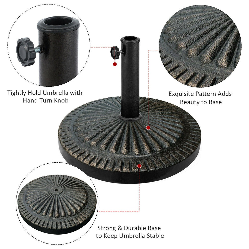 Heavy-duty 31.5 lbs bronze umbrella base with petaloid hand-turn knob for stability in outdoor settings.