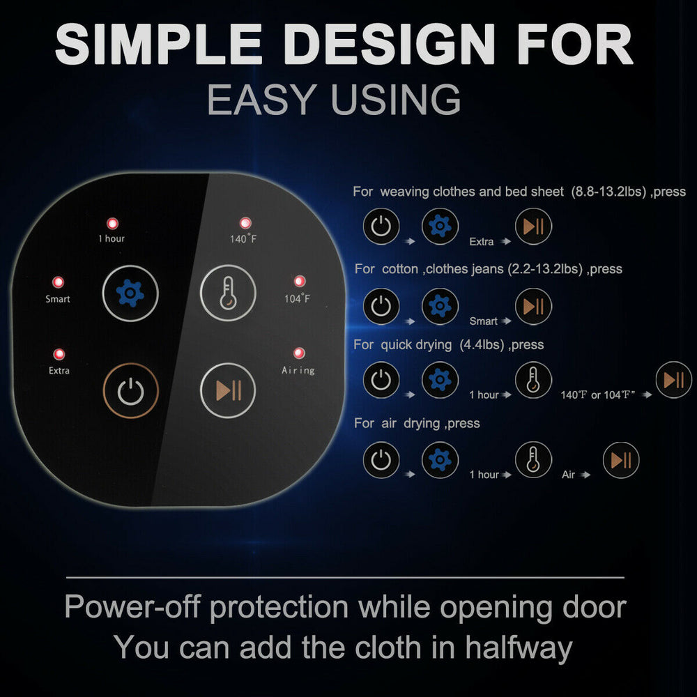 Control panel of the 1700W Electric Dryer with easy-to-use settings for various fabric types and drying options.