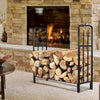 Heavy duty 4-foot steel firewood rack with black powder-coated finish, ideal for outdoor wood storage and ventilation.
