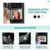 Multipurpose storage cabinet in black with LED lighting, full-length mirror, and ample jewelry and cosmetic storage.