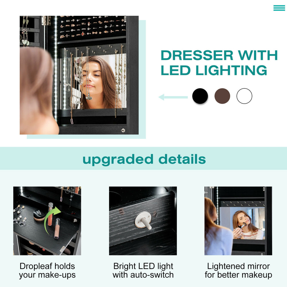 Multipurpose storage cabinet in black with LED lighting, full-length mirror, and ample jewelry and cosmetic storage.