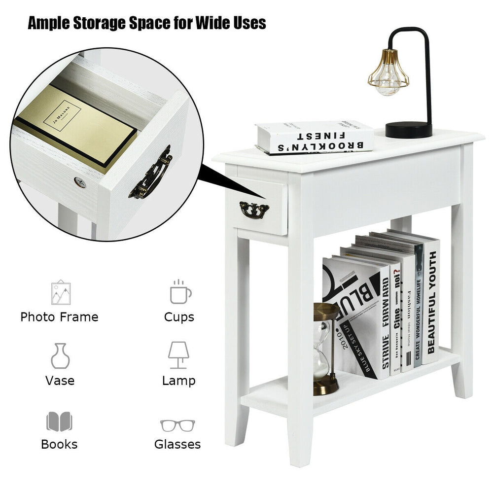 Compact white end table showcasing a spacious top for display and a lower shelf for additional storage in any interior.