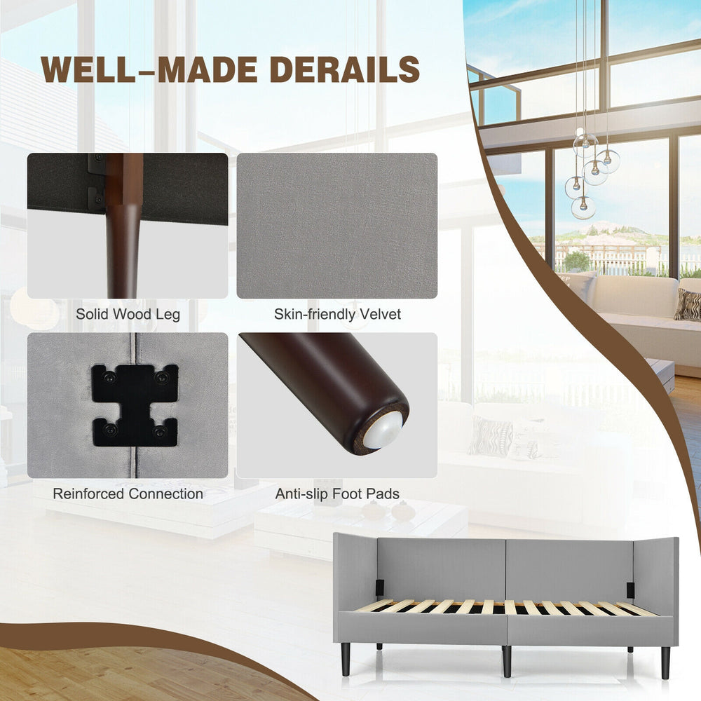Twin size daybed frame in gray with solid wood legs, skin-friendly velvet, and reinforced connections for durability.