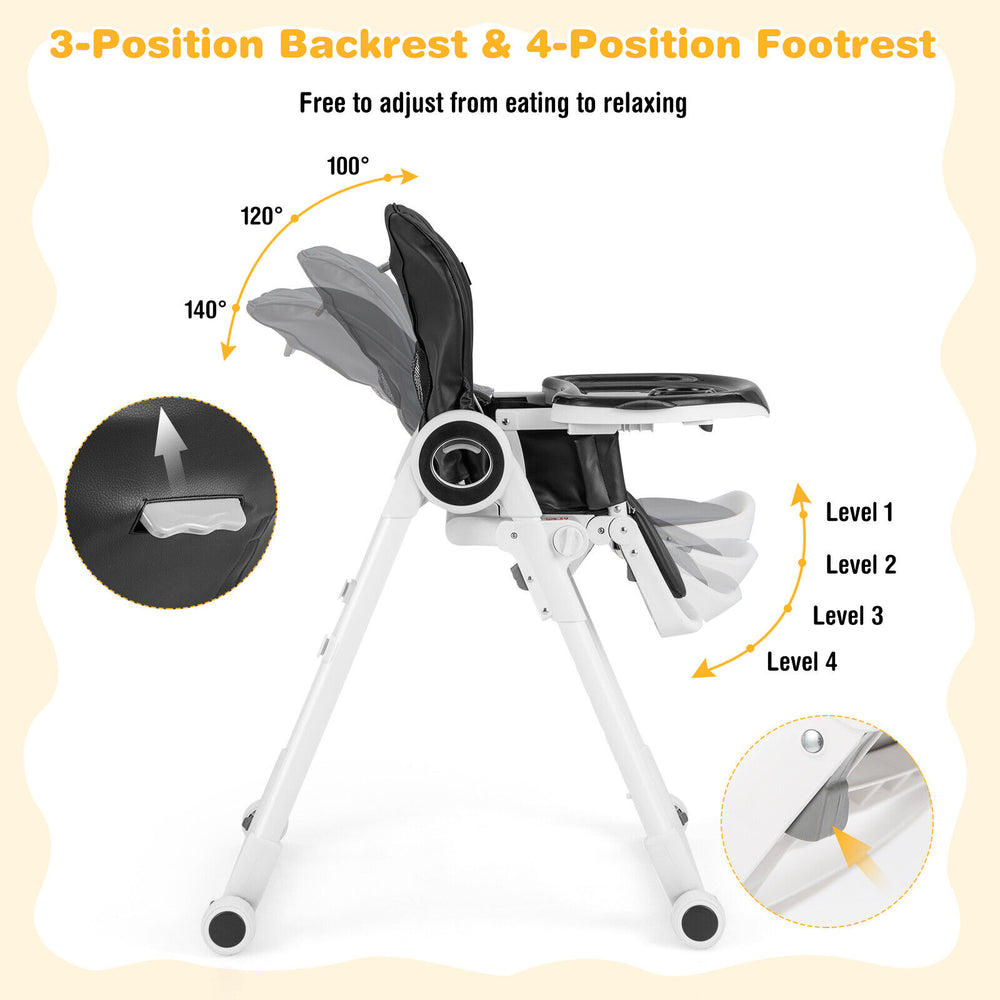Adjustable baby high chair in black with 3-position backrest and 4-position footrest, ideal for feeding and comfort.