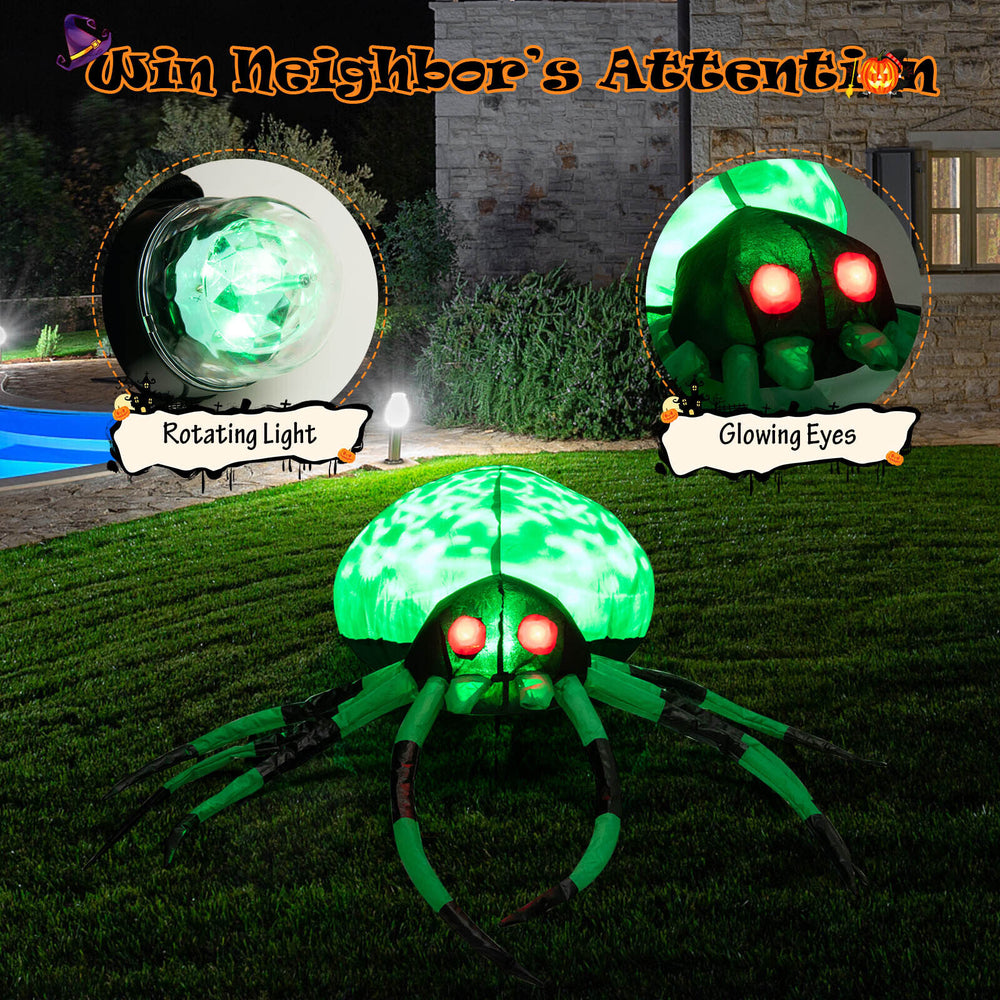 5-foot inflatable Halloween spider with glowing red eyes and green body lights, perfect for yard decoration.