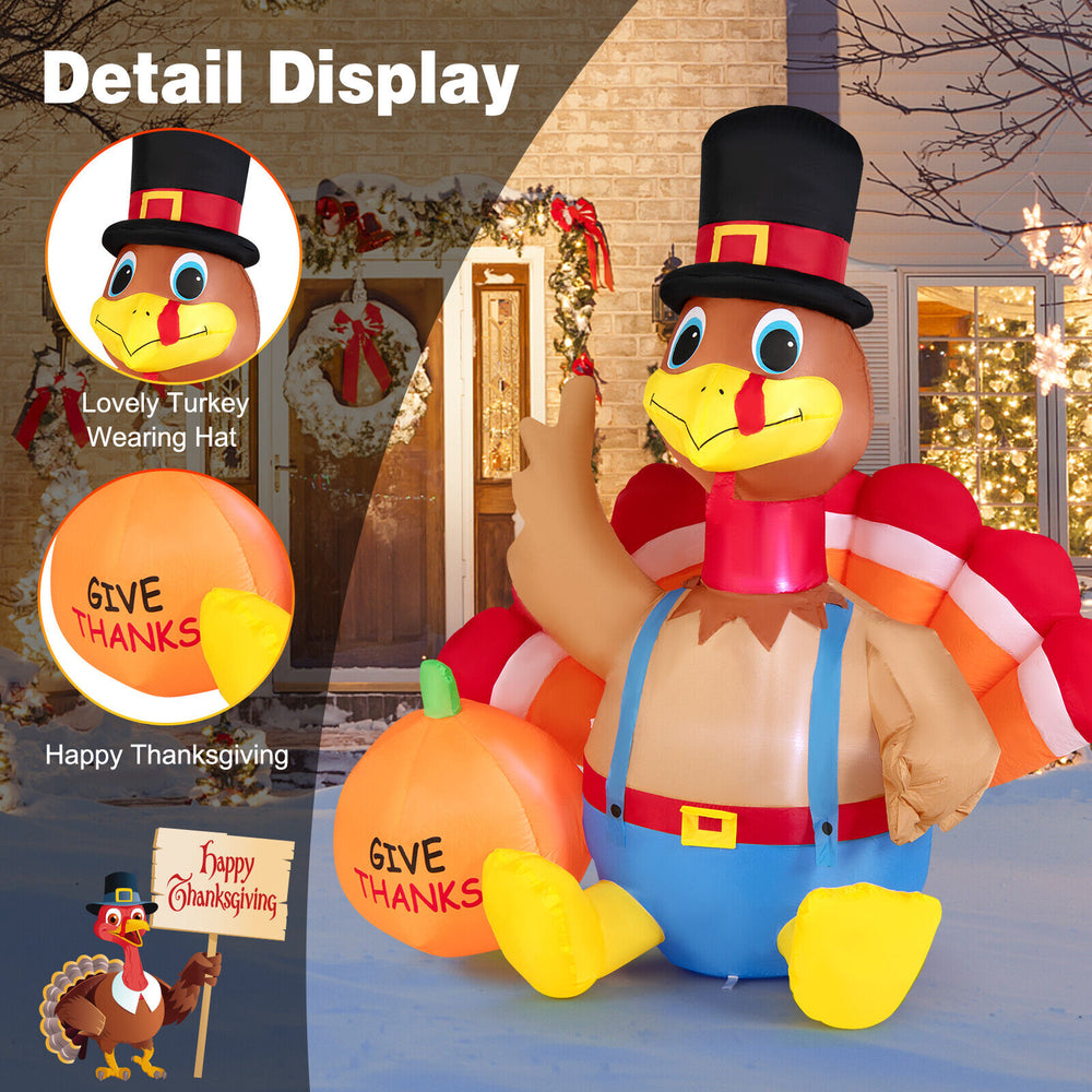 6-foot inflatable turkey with pumpkin, featuring bright LEDs, perfect for Thanksgiving lawn decor and festive.