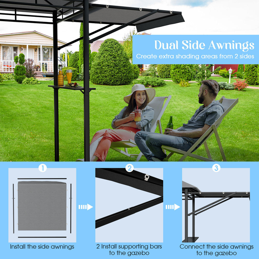 Patio BBQ grill gazebo with dual side awnings in gray, offering extra shade and space for outdoor cooking and.
