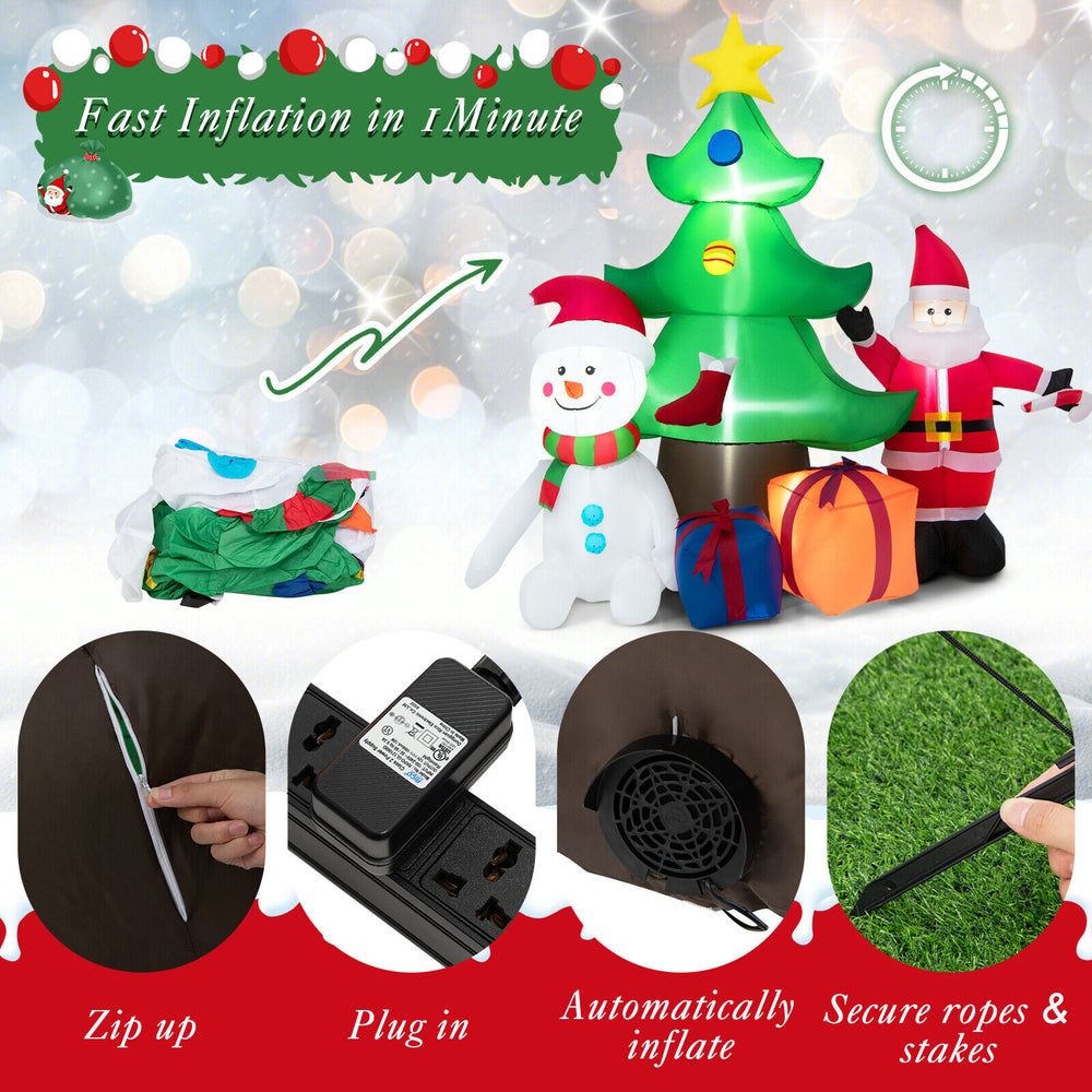7.2 feet inflatable Christmas tree with Santa Claus and snowman, featuring bright LED lights for festive outdoor.