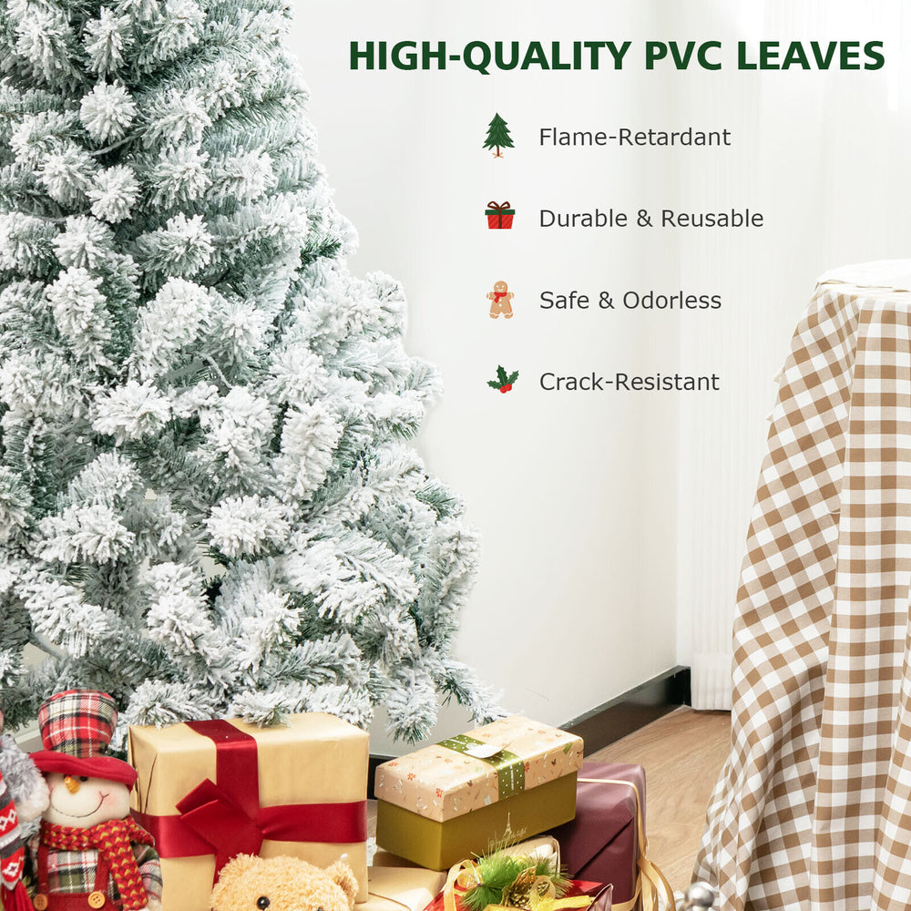 4.5 feet pre-lit snow flocked Christmas tree with 150 warm white lights and durable, flame-retardant PVC leaves.