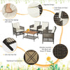 5-piece patio rattan furniture set with off-white cushions, featuring a wooden tabletop and ergonomic armrests for.