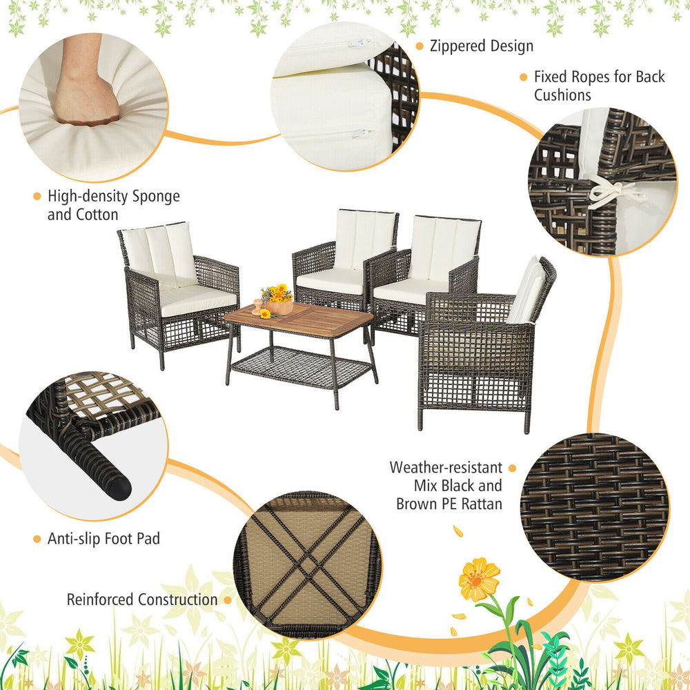 5-piece patio rattan furniture set with off-white cushions, featuring a wooden tabletop and ergonomic armrests for.