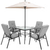 Square 35" patio dining table with tempered glass top and umbrella hole, ideal for outdoor gatherings with four chairs.