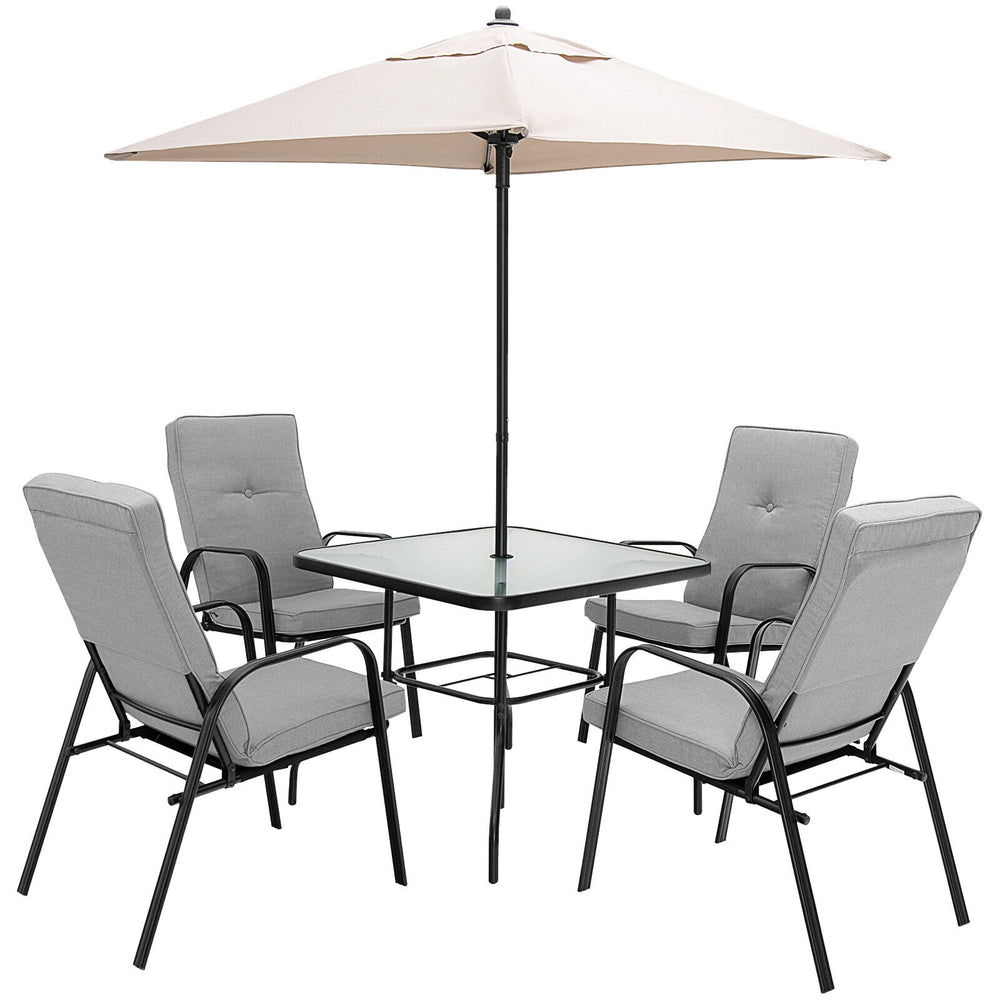 Square 35" patio dining table with tempered glass top and umbrella hole, ideal for outdoor gatherings with four chairs.