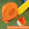 Close-up of the 750W air blower with ground stakes, designed for inflatables, featuring a durable orange design.