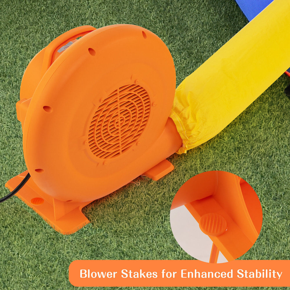 Close-up of the 750W air blower with ground stakes, designed for inflatables, featuring a durable orange design.