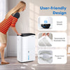 100-pint dehumidifier with smart app control, featuring smooth wheels and a washable filter for easy mobility and.