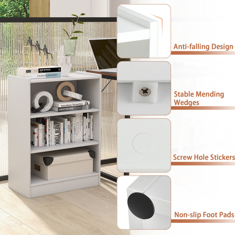 3-tier white bookcase with adjustable shelves, anti-toppling device, and non-slip foot pads for versatile home use.