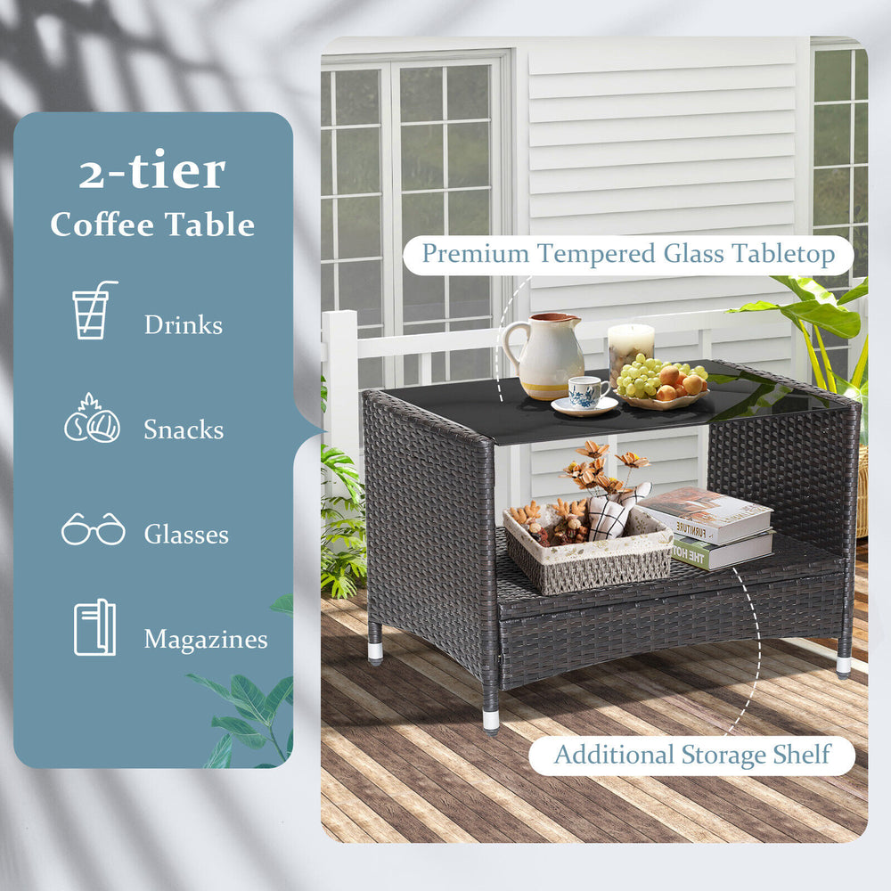 2-tier coffee table with premium tempered glass tabletop and additional storage shelf, perfect for outdoor patio use.