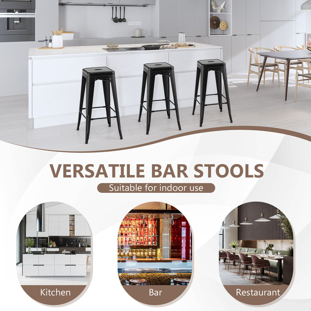 Black 30-inch bar stools set of 4 with square seat and handling hole, perfect for kitchen or home bar use.