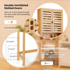 Bamboo over-the-toilet storage cabinet with double ventilated slatted doors and adjustable crossbar for bathroom.
