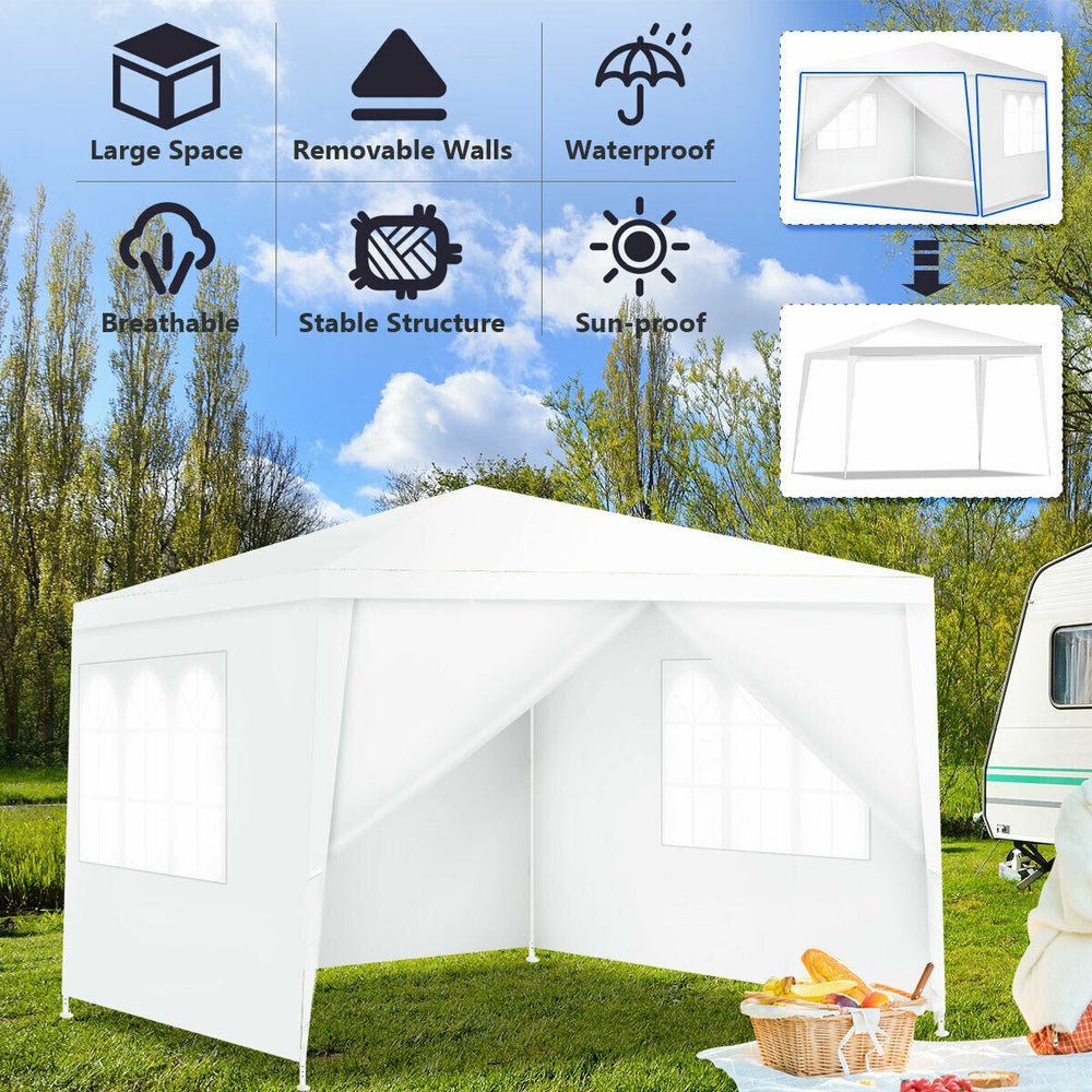 10x10 feet outdoor canopy tent with 4 removable sidewalls, waterproof PE fabric, ideal for events and backyard.